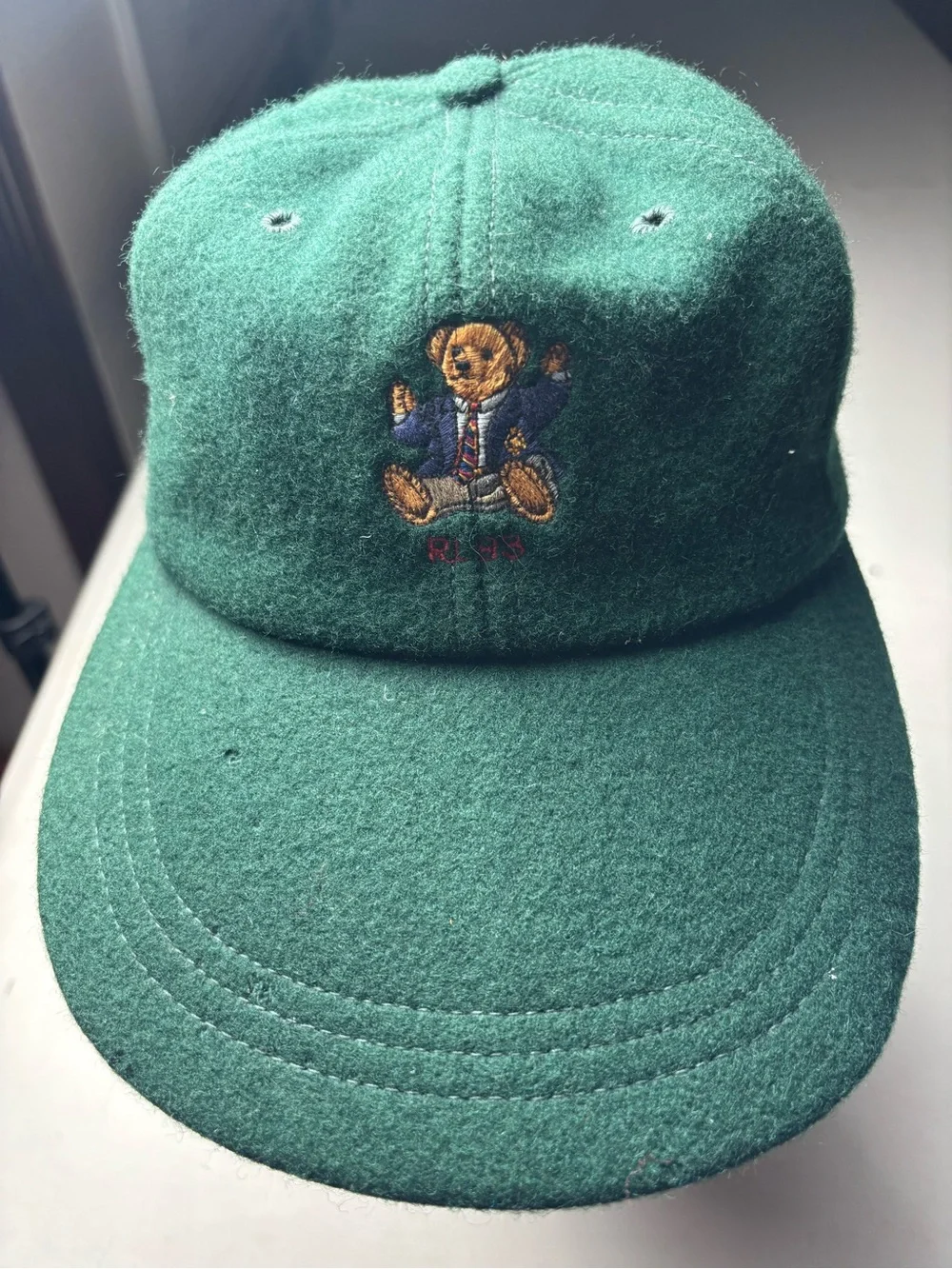 Vintage Polo Ralph Lauren 1993 Sit-down Bear long bill hat Green 100% Wool Sz S